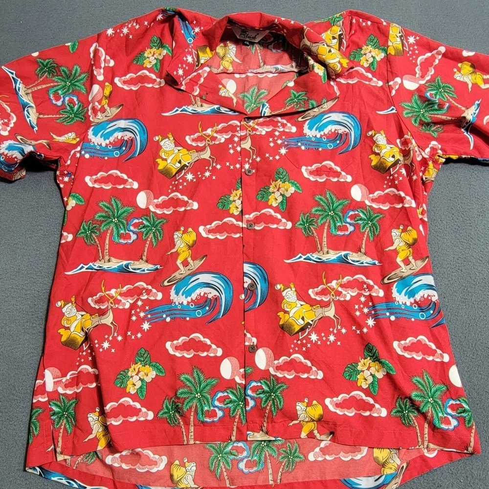ALvish Enjoy Life Christmas Surfing Santa Hawaiian Red Button-Up Shirt